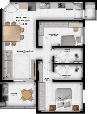 Planta Apartamento com **2 dormitório**, sendo **1 suíte**