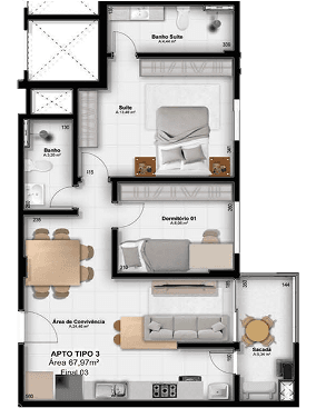 Planta Apartamento com **2 dormitório**, sendo **1 suíte**