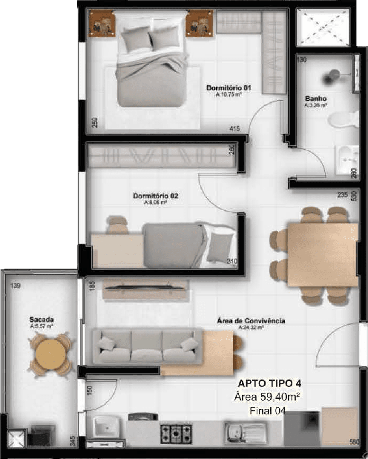 Planta Apartamento com **2 dormitórios**