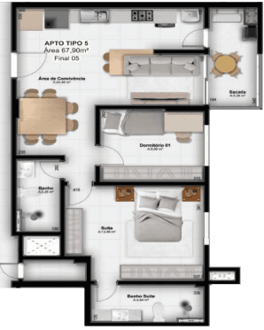 Planta Apartamento com **2 dormitórios**, sendo **1 suíte**