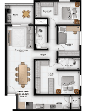 Planta Apartamento com **3 dormitórios**, sendo **1 suíte**